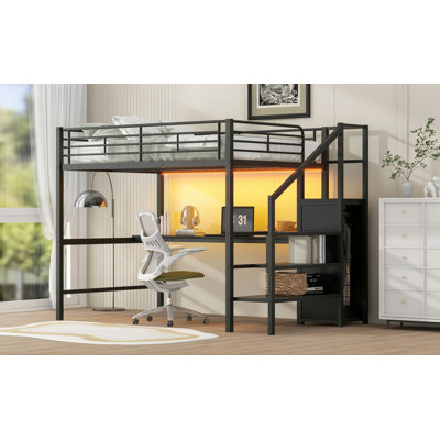 Loft Bed With Desk, Storage Staircase, Metal Bed Frame With Small Wardrobe And LED Light