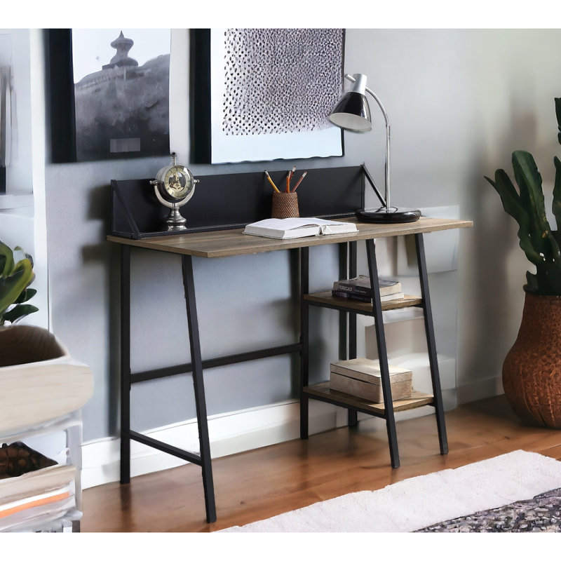 Bureau à 2 tablettes en chêne rustique et noir pour le travail organisé