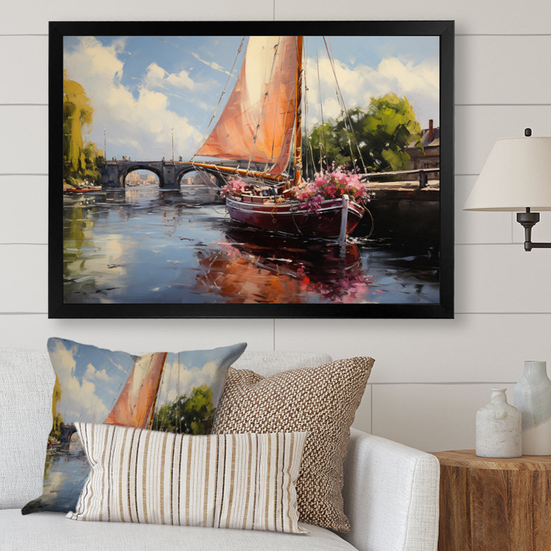 " The Bridge At Argenteuil III " Mixed Media Print, 16" H x 32" W x 1" D, Black Picture Framed