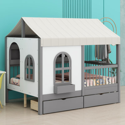 House Bed With 2 Large Drawers, Side Bookshelf With LED Strip
