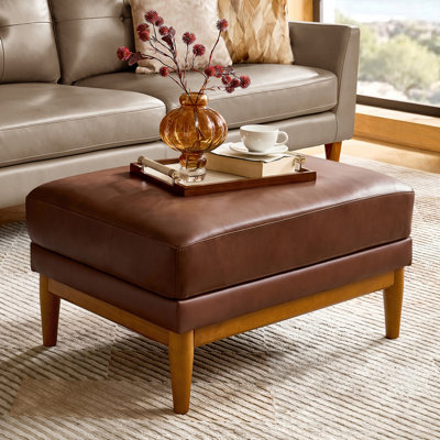 Erauso 33.5"W Mid-Century Modern Genuine Leather Ottoman with Solid Wood Legs