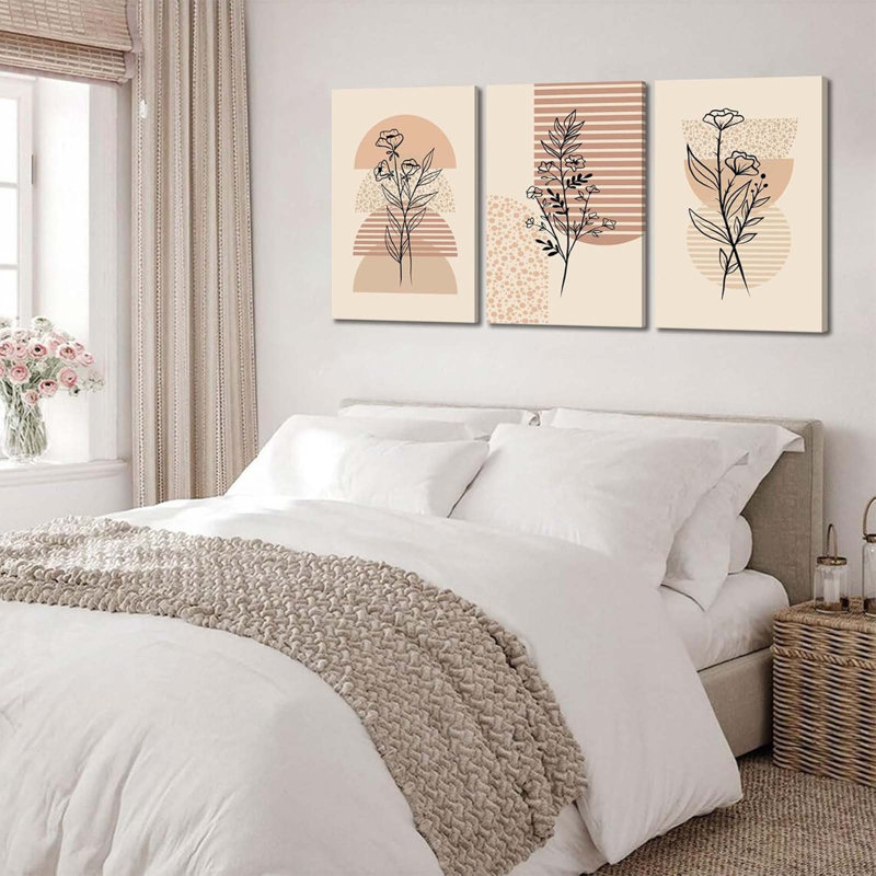 3Pcs Modern Boho Plant Canvas Wall Art Neutral Geometric Line Wall Decor Pictures Minimalist Leaves Posters Prints For Bedroom Living Room Office Scene Home Decoration Prepare To Hang
