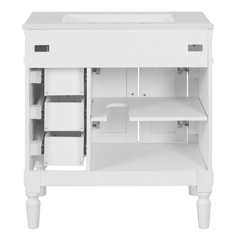 Bathroom Vanity With Ceramic Top, 3 Drawers And Soft Close Cabinet, 30", White