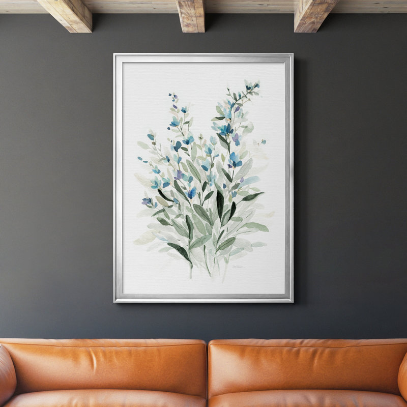 «Delicate Blue Botanical I», peinture sur toile encadrée, H 30,5 po x l 42,5 po x P 1,5 po, Cadre argenté