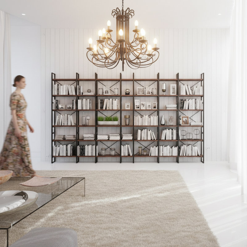 Verendrye Bookcase, 85" H x 142" W x 12.6" D, Dark Walnut Wood