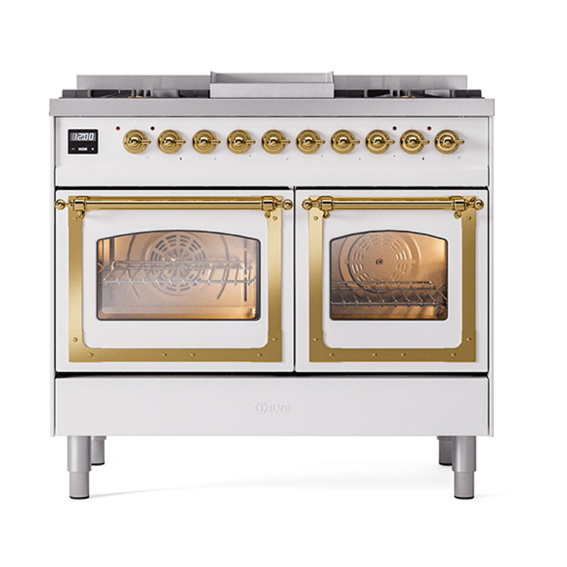ILVE Nostalgie II Series Noblesse 40 inch Dual Fuel Range with 6 Sealed Burners, Griddle (Glass Door), White/Brass