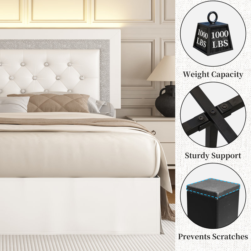 Bed Frame with Adjustable Headboard and Diamond Button Upholstered Tufted Beds, Full, White