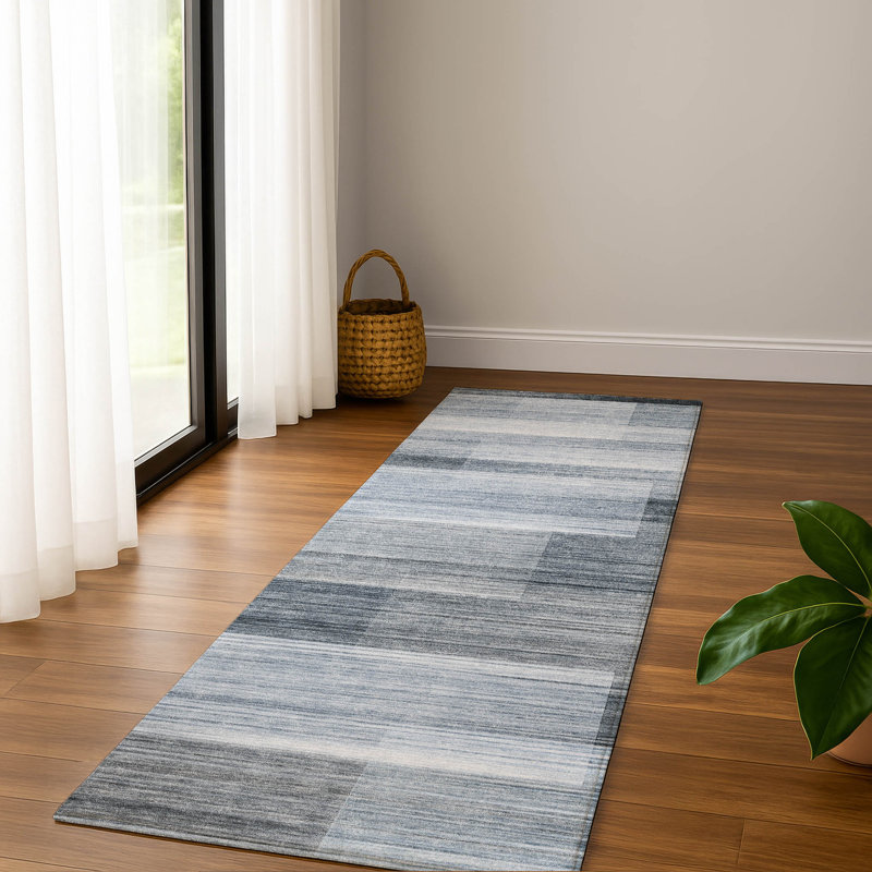 Premium Machine Washable Mayfield AMF2082 Striped Rug, Denim, 2'3" x 7'6" Runner
