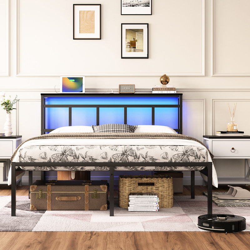 14 Inch Twin Metal Platform Bed With Black Storage Headboard, Featuring - C, Type Led , And Reliable Build Support, Twin