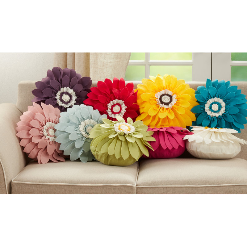 Yellow Felt Flower Round Throw Pillow with Poly Filling