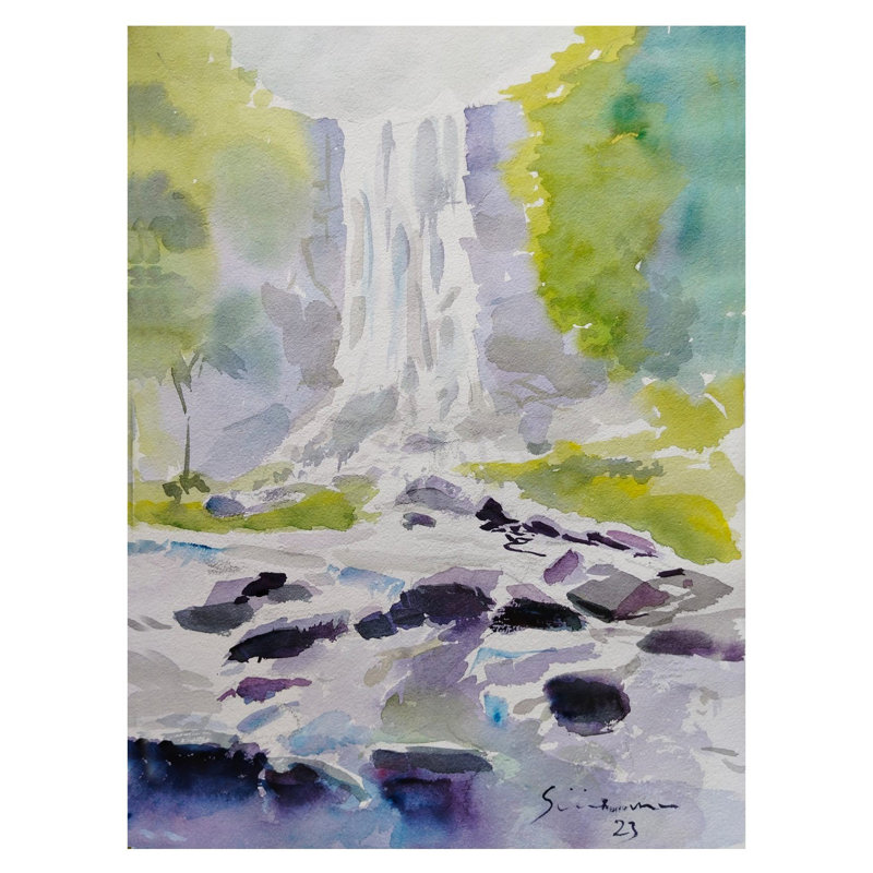 Paysage de cascade naturelle | Aquarelle sur papier | Par Sirish M N