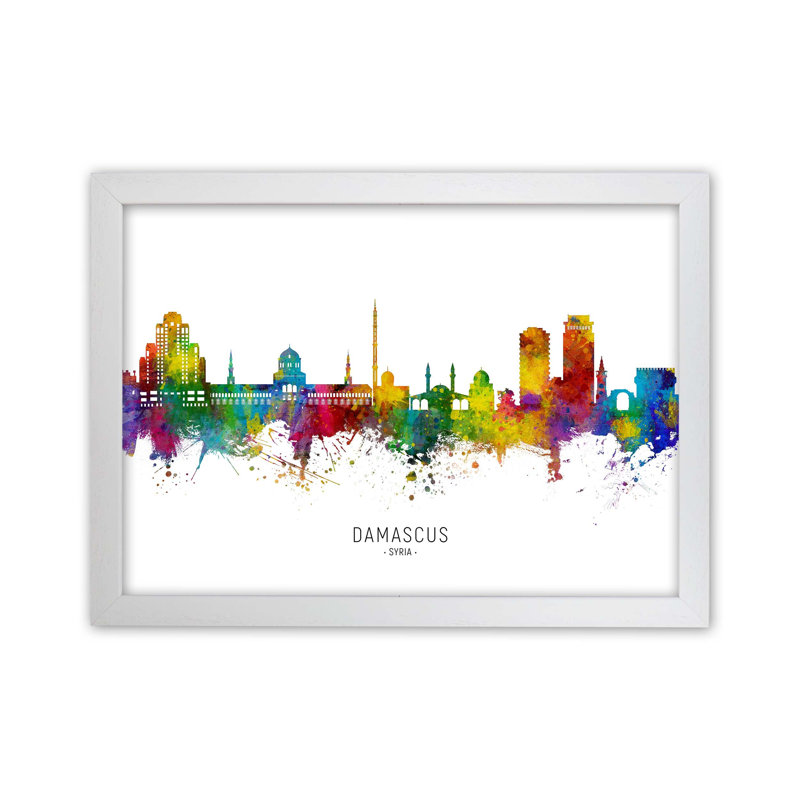 Damascus Syria Skyline by Michael Tompsett - Print, White Framed, 64cm H x 88cm W x 3cm D