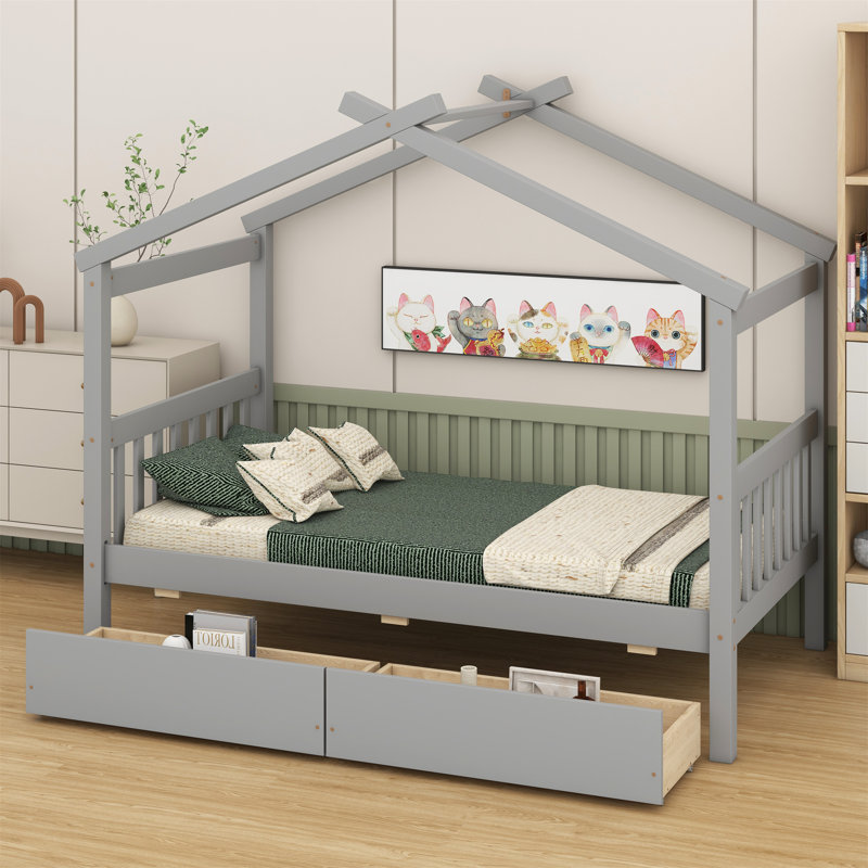 Lit en bois avec tiroirs, Gris