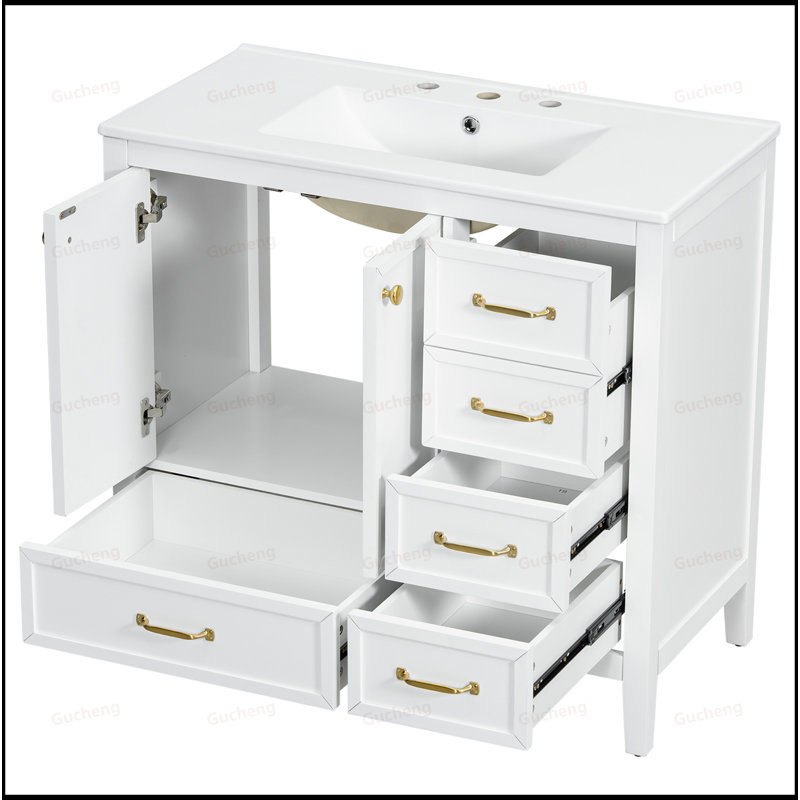 36"Solid Wood Frame Bathroom Vanity With 4 Drawers, White
