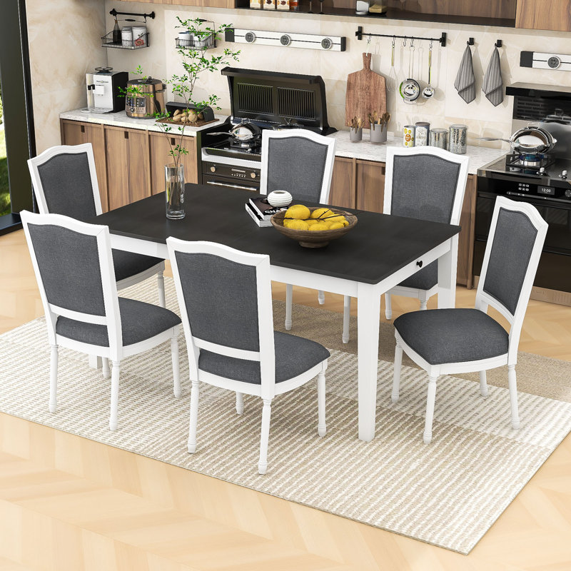 Rustic 7Pcs Extendable Dining Table Set with Removable Leaf and 6 Upholstered Chairs, Gray/White, Dark Gray/White