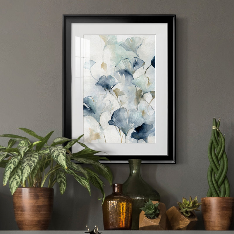 Indigo Ginkgo II - Cadre photo, reproduction d'art sur toile, Noir, H 18,5 po x l 24,5 po x P 1,5 po