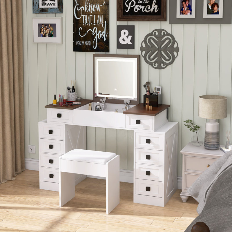 Ensemble de bureau de maquillage pour coiffeuse avec 10 tiroirs, lumière DEL à intensité variable, miroir rabattable, tabouret et grand rangement, finition blanche et noyer | Idée de cadeau