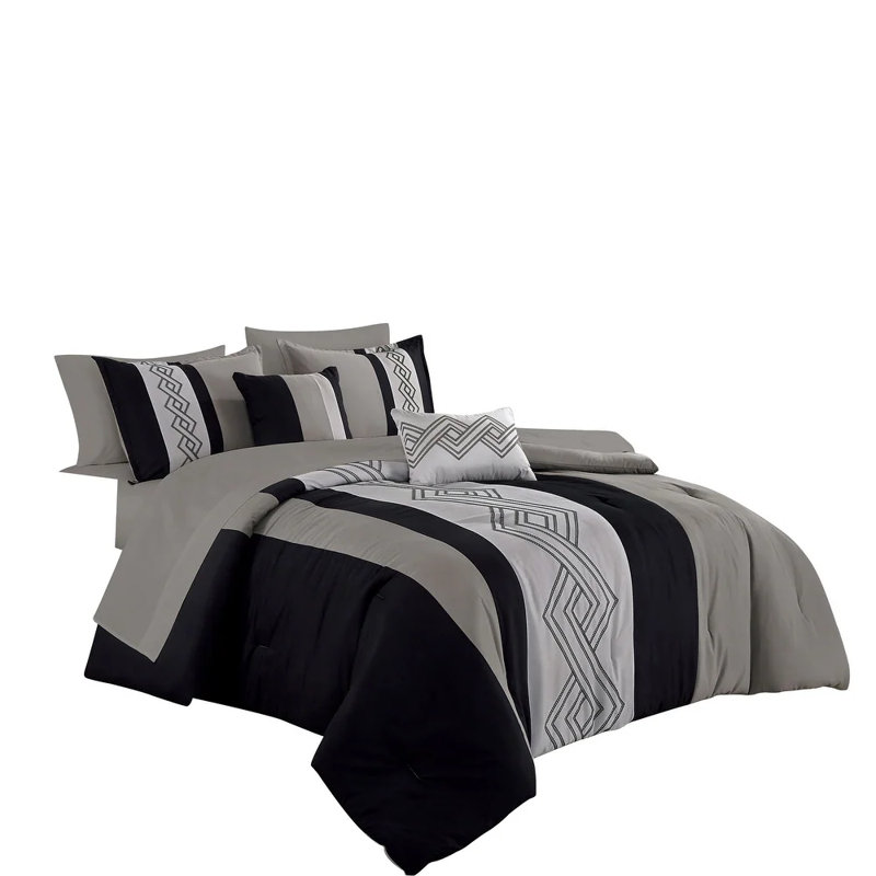 Ensemble d'édredon 9 pièces Bed-in-a-Bag Soft Bedding, Noir uni / formes géométriques