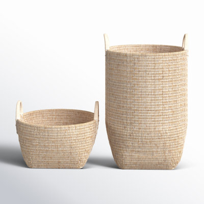 Qiana Whitewash Rattan Woven Orchard Storage Baskets, Set of 2
