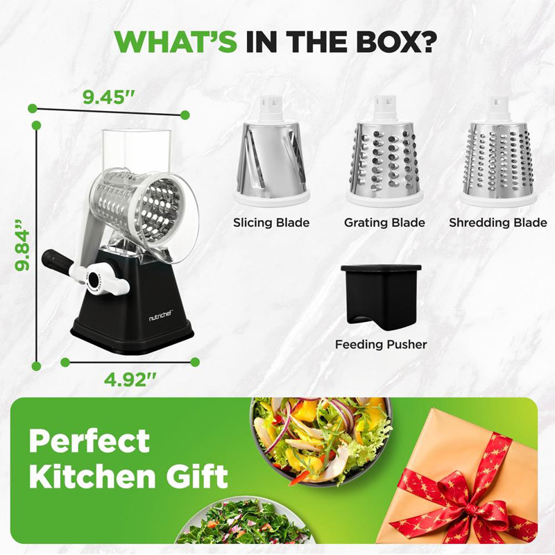 Nutrichef 3 In 1 Cheese Grater & Shredder | Strong Suction Base, Rotary Handle With Safety Lock | Includes Hand Crank & 3 Drum Blades For 3 Textures, Fine, Medium & Strips | Black