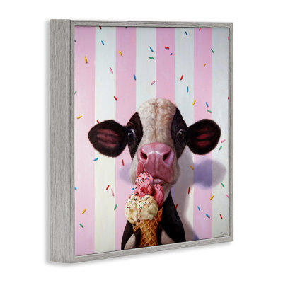 Cute Baby Cow with Ice Cream Cone Pink Stripes by Lucia Heffernan - Graphic Art