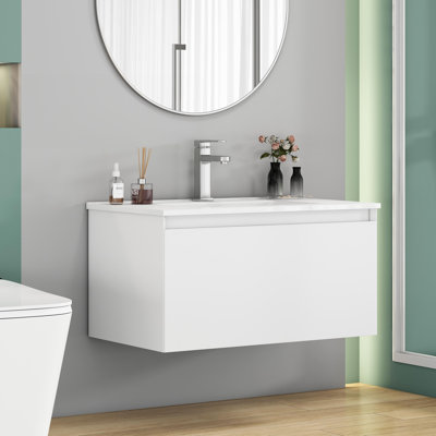 Meuble-lavabo mural de 32 pouces avec tiroir à fermeture en douceur, lavabo en céramique et finition blanc mat pour les salles de bain minimalistes modernes