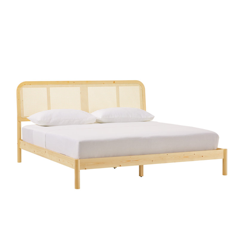 Blomquist Solid Wood Platform Bed with Rattan Inset Headboard, Natural, King