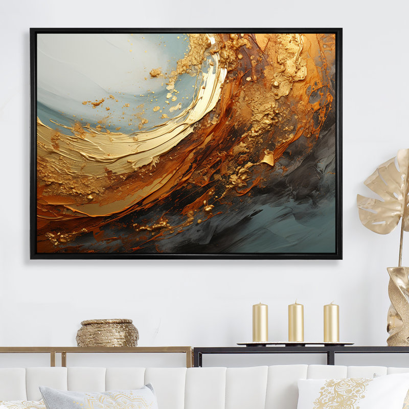 «Gold Teal», impression sur toile, spirales abstraites, Cadre flottant noir, H 30 po x l 40 po x P 1,5 po