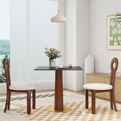 Table de salle à manger moderne carrée, table en pierre frittée de 33,5 po avec pieds en bois et base dorée, table de cuisine pour 2 personnes pour petit espace, capacité de poids de 150 lb (seulement la table de Négociation)