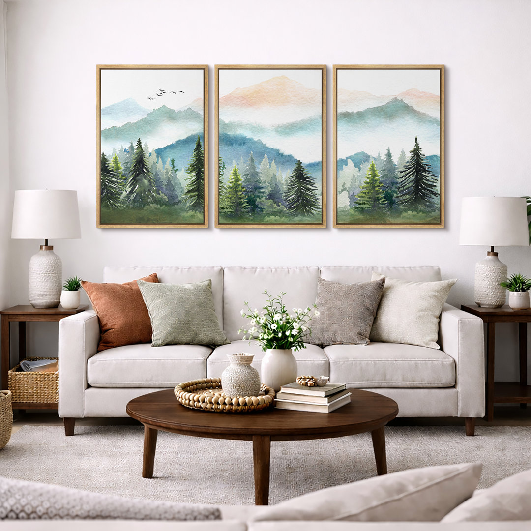 Woodland Forest Landscape "Green Watercolor Pastel Mountain Pine Tree Artwork, Neutral Modern Rustic Wall Pictures, Large Framed Canvas Giclee Print 3 Pieces Wall Art Set" IDEA4WALL