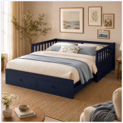 Twin to King Extendable Daybed with Pull-Out Trundle, Wood Convertible Bed with Guardrails, 2 Drawers, Blue