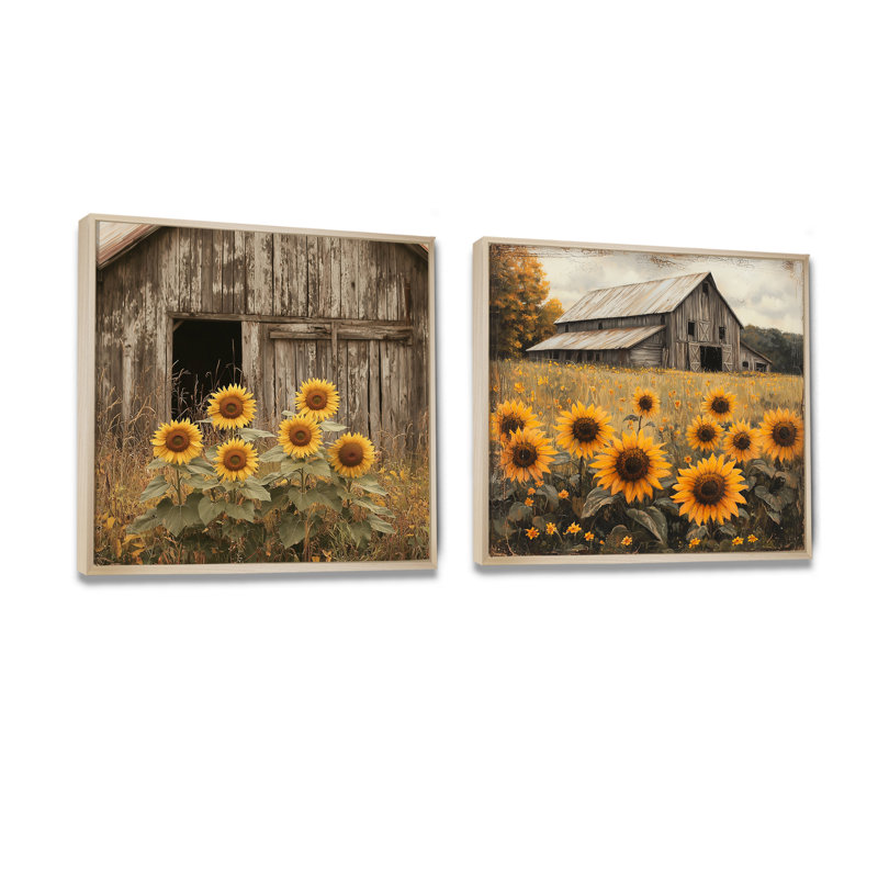 Tournesols par la vieille grange en bois I - décoration murale tournesols - art mural traditionnel 2 pièces, Cadre flottant