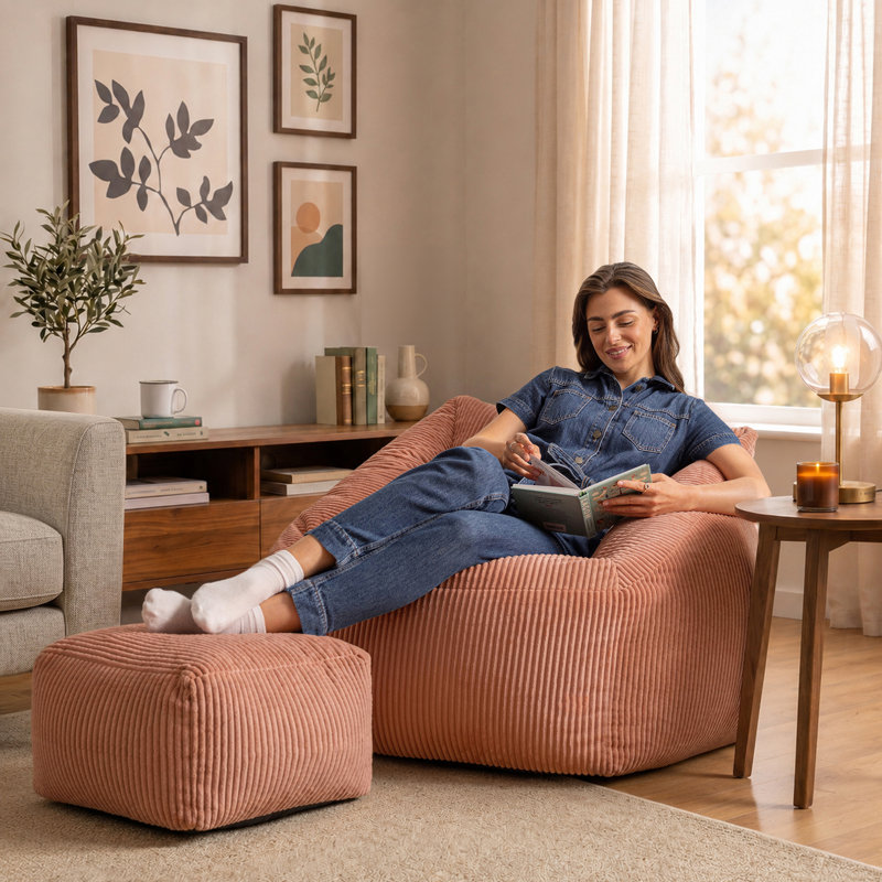Natalia Corduroy Armchair Bean Bag and Square Footstool, Pink