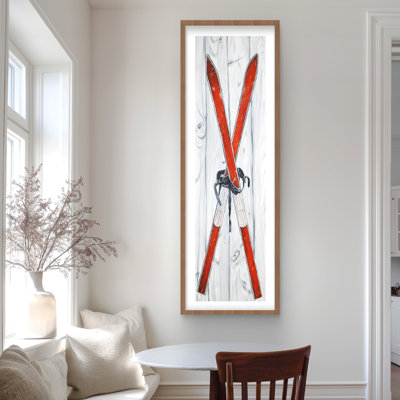 Ski rétro rouge - décor de caverne d'homme | Reproduction encadrée avec passe-partout