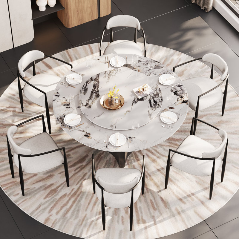 Ensemble de table de salle à manger avec plateau de table rond en faux marbre 51 po et 6 fauteuils de salle à manger en tissu