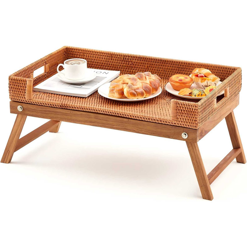 Rattan Breakfast Table Tray with Foldable Legs