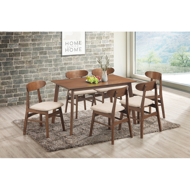 Caveney Wood Rectangle Dining Set, Walnut Brown, 7 Pieces: Table, 6 Chairs, Natural