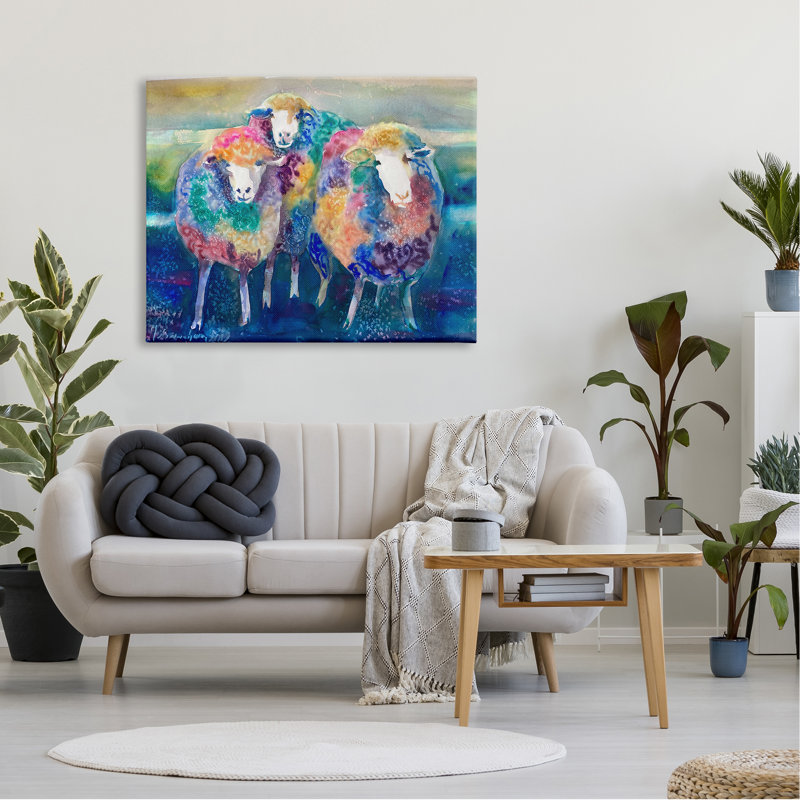 Conception amusante et mignonne «Bold Rainbow Farm Sheep» par MB Cunningham - Peinture, H 36 po x l 48 po x P 1,5 po