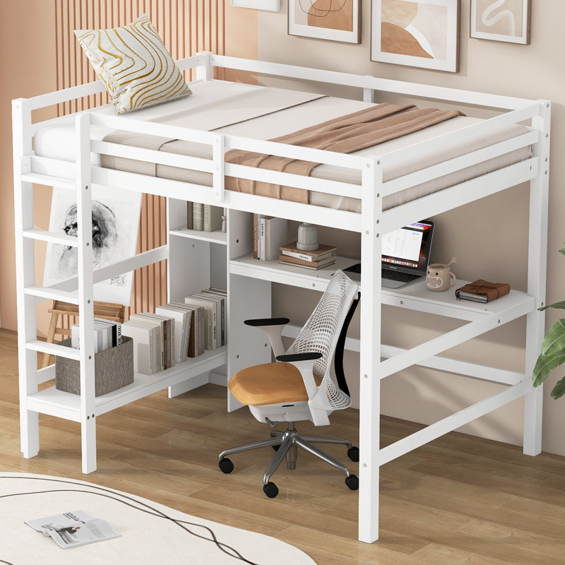 Lit mezzanine avec tablettes et bureau, Blanc
