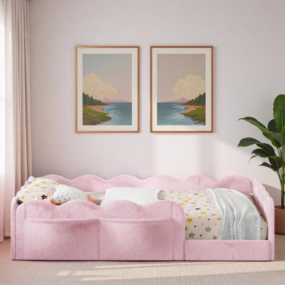 Lit rembourré pour enfants avec garde-corps en forme de vague et poches de rangement latérales