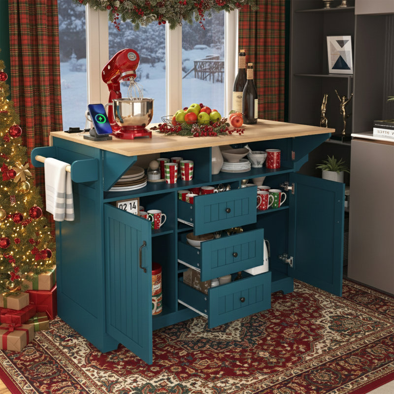  55 inch Rolling Kitchen Island with Double Drop Leaf, Large Mobile Kitchen Cart with Power Outlet and USB Ports, Folding Dining Table with 3 Drawers, Blue
