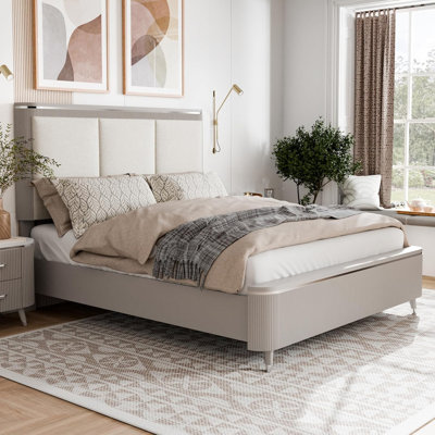 Upholstered Queen Size Bed With Channel Padded Headboard In Light Gray