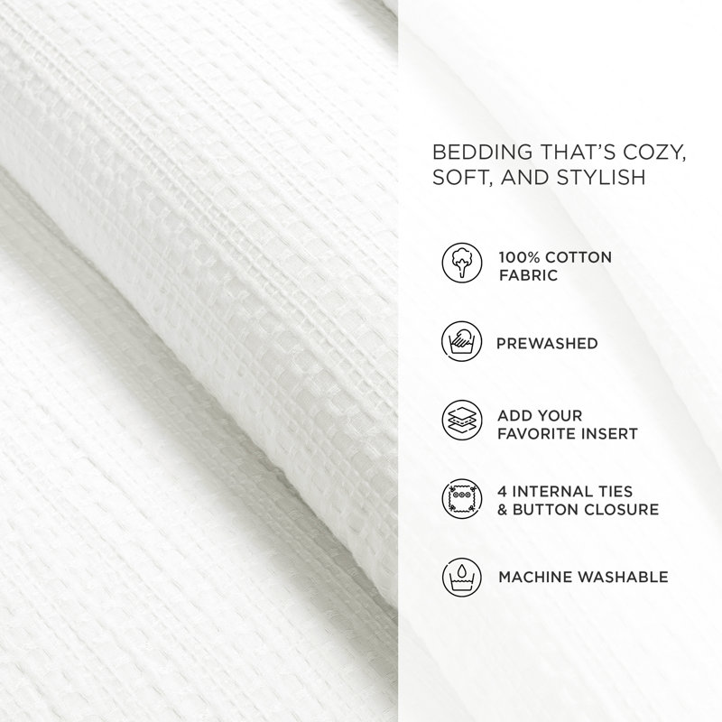 Haniya White Waffle Woven Cotton King Duvet Cover Set