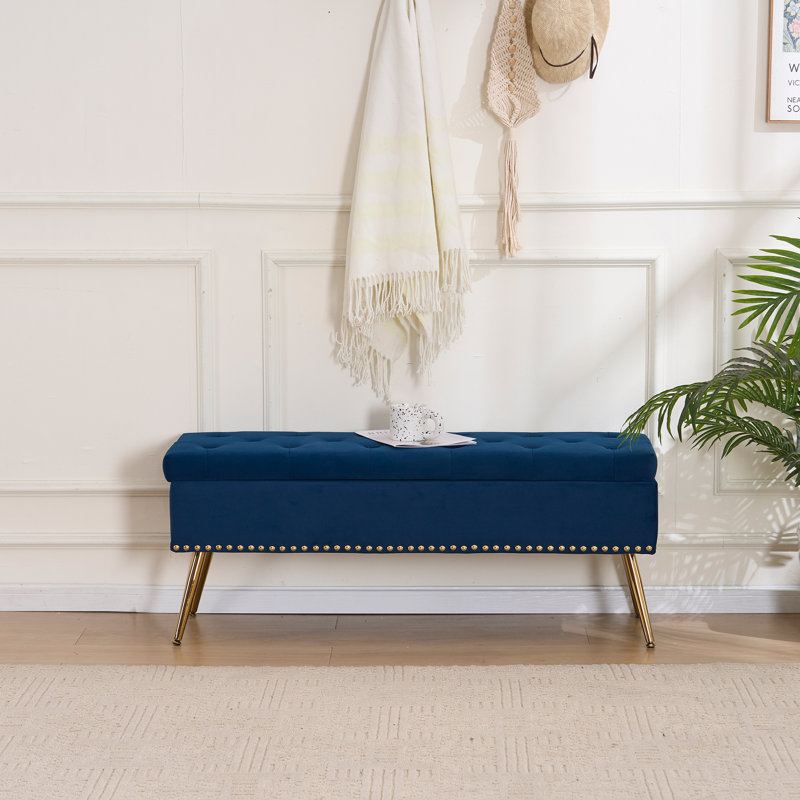 Velvet Storage Ottoman Bench Modern Bedroom End of Bed Bench with Gold Legs, Navy, 18" H x 46" W x 15.5" D
