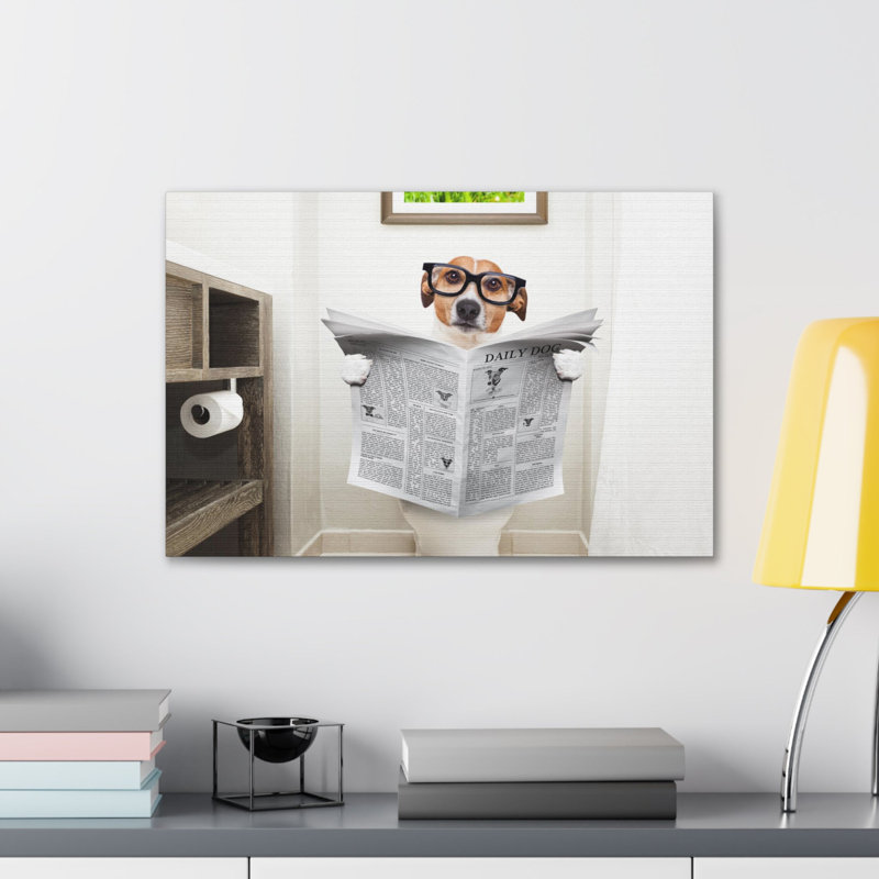 Jack Russell Reading Newspaper On Toilet Funny Canvas Wall Art, 20" H x 20" W