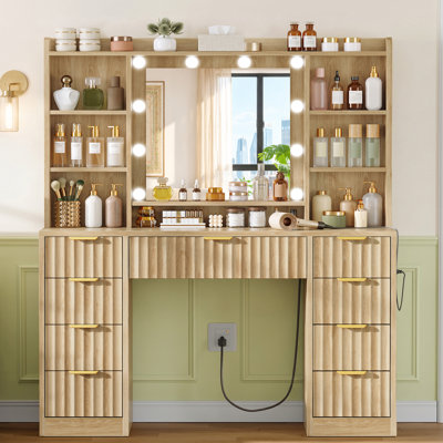 Table de coiffeuse avec miroir à lumières DEL 3 couleurs, coiffeuse avec 9 tiroirs et 7 tablettes de rangement, bureau de coiffeuse pour chambre à coucher, naturel