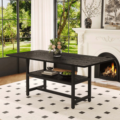 Table de salle à manger 71 po x 35,4 po, plateau en MDF texturé noir avec plateforme de rangement sous la table