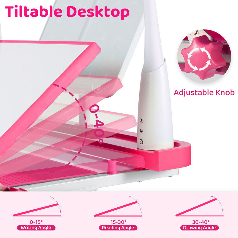Pink Adjustable Height Kids Desk and Chair Set with Storage Drawer