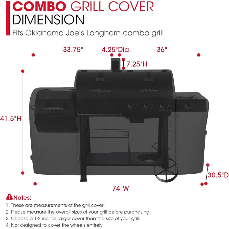 Heavy Duty Waterproof Offset Smoker Cover, Compatible With Oklahoma Joe's Longhorn Combo Grill, Outdoor Fade Resistant Charcoal/Smoker/Gas Combo BBQ Grill Cover, Black