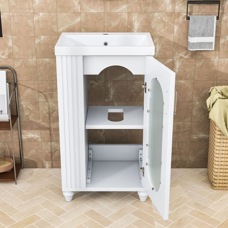 Meuble-lavabo autoportant simple avec lavabo en céramique, tablette réglable et porte-papier hygiénique, Blanc
